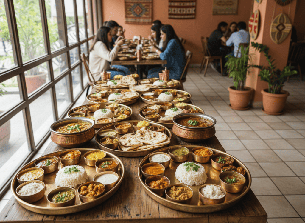Copper bowls and Indian thali on a communal table
