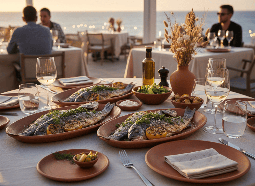Coastal seafood shared platters on an elegant table