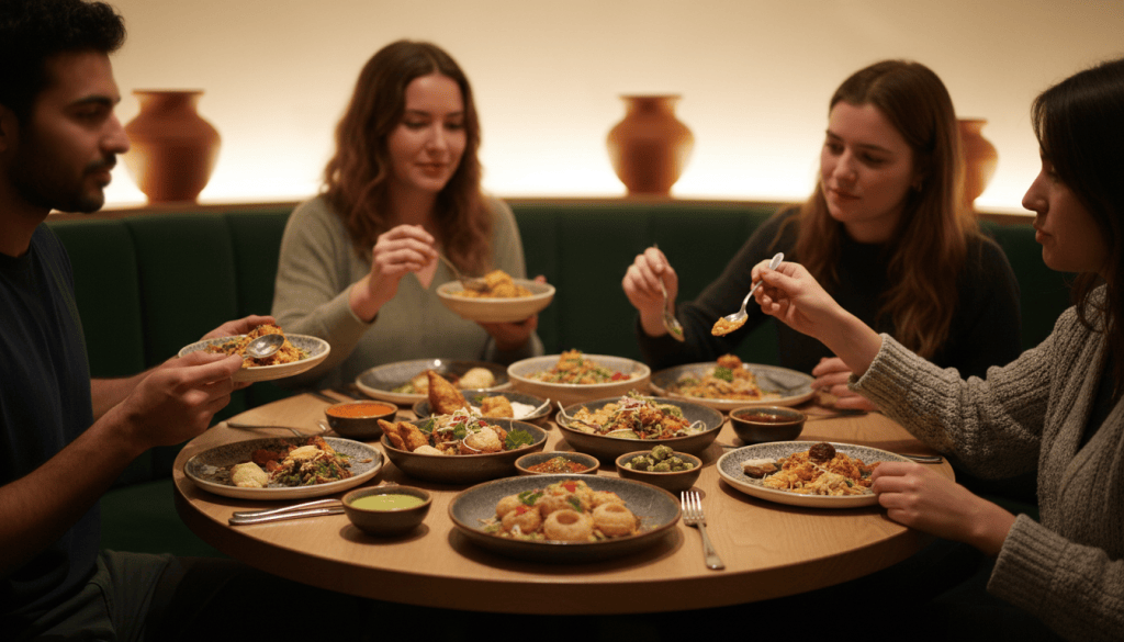 Friends sharing small plates at a warm restaurant table