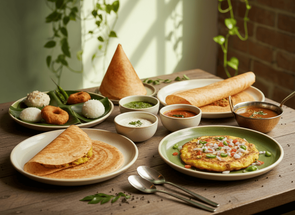 South Indian sharing plates on a wooden table