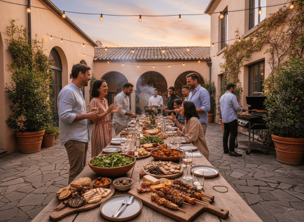 Outdoor courtyard BBQ with shared salads and skewers