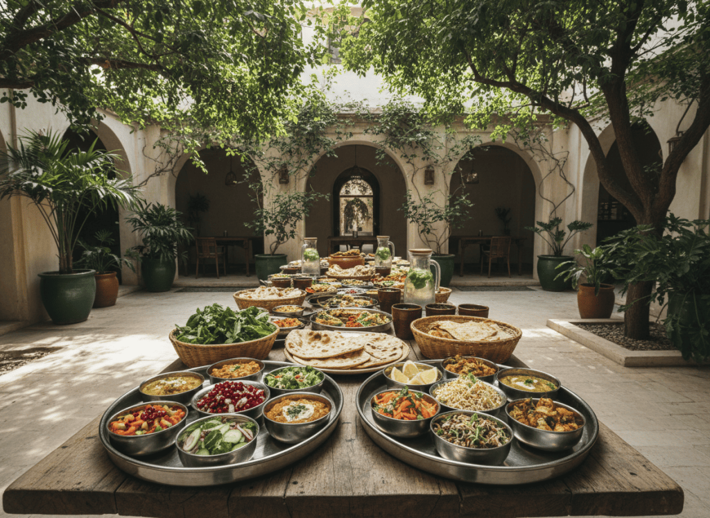 Vegetarian courtyard lunch spread with fresh greens