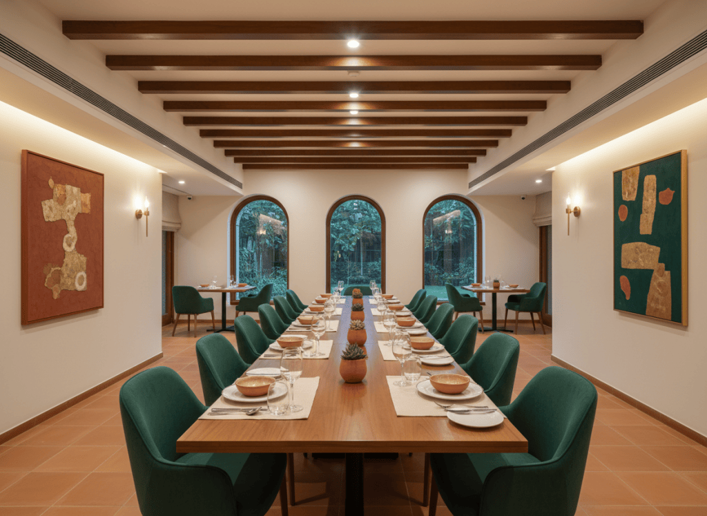 Long wooden dining table in a calm continental restaurant