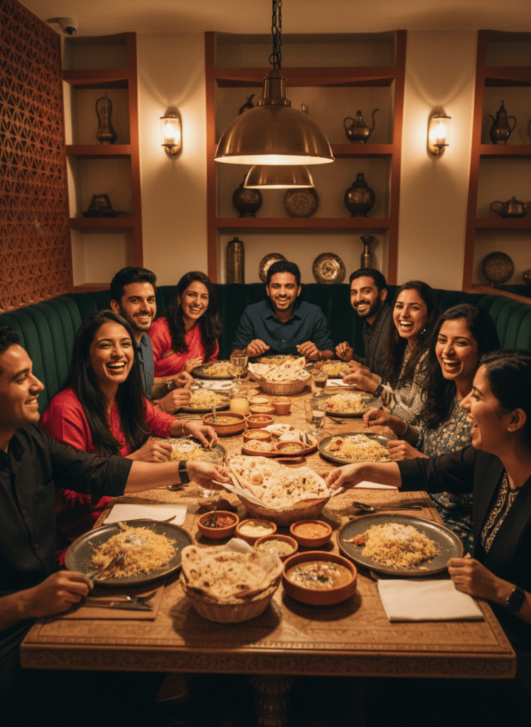 Office team sharing a meal at a long restaurant table